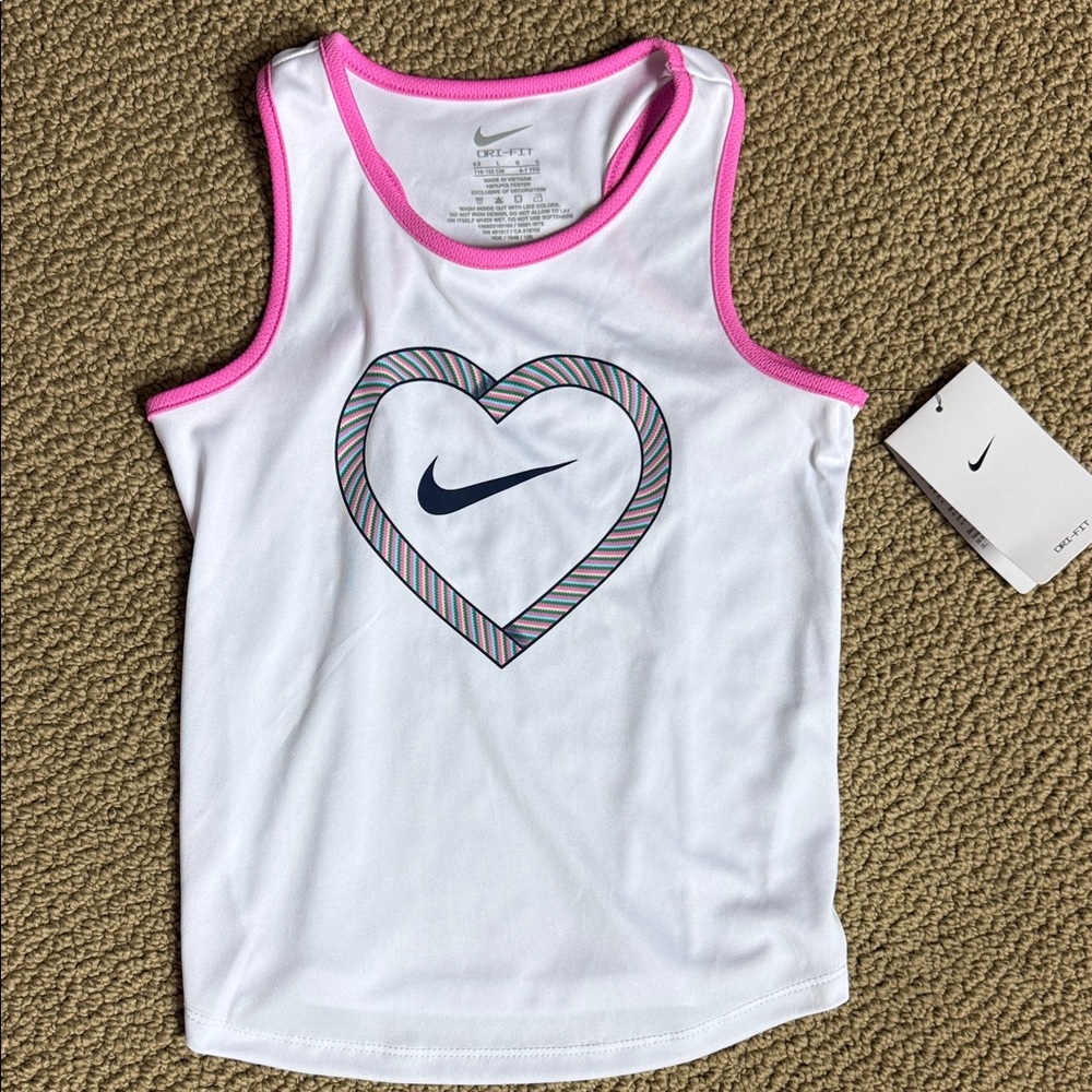Nike Kids White Tank Top with Pink Trim and Heart Design